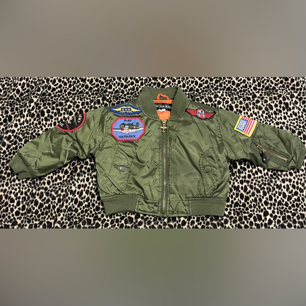 Oscar Kids Aviation Pilot Bomber Jacket Kid Size 2T Green W/ Patches Coat Winter